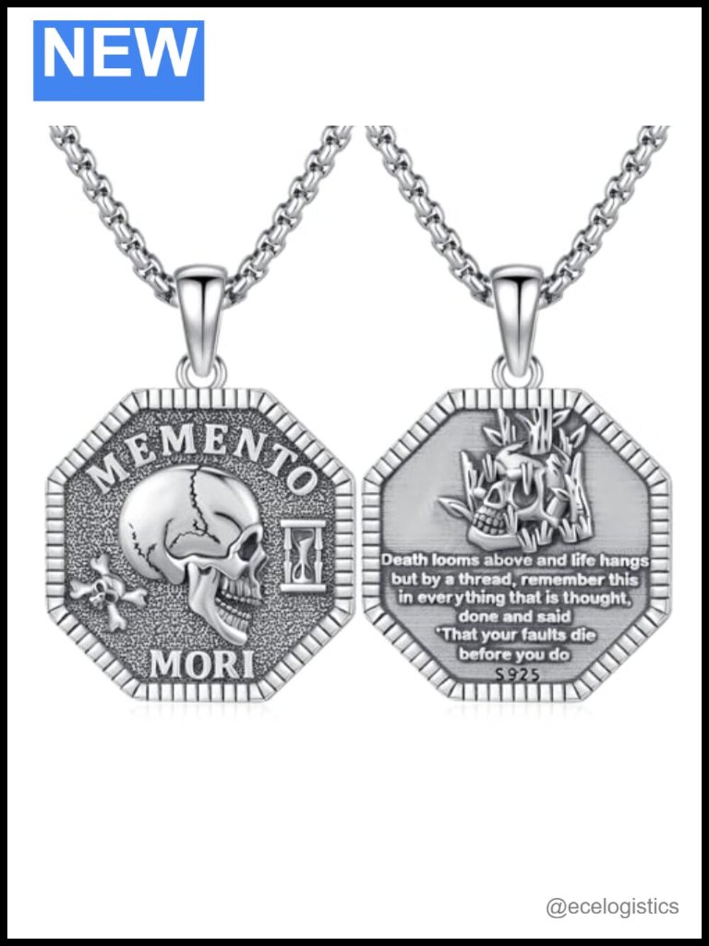 Memento Mori Skull Necklace 925 Sterling Silver Oxidized Finish Adj Chain